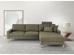 Ecksofa 3C CANDY "Lecce, wahlweise PUR-Schaumstoff oder Tonnentaschenfederkern", grün (oliv), B:281cm H:86cm T:194cm, 100% Polyester, Sofas, Ecksofa, Bett im 2,5-Sitzer, teilmotorische Schlaffunktion im Longchair, L-Form