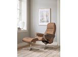 Relaxsessel STRESSLESS "Sunrise", braun (latte batick), B:83cm H:105cm T:74cm, Leder BATICK: BATICK ist ein leicht korrigiertes, durchgefärbtes und genarbtes Möbelleder, bei dem die meisten Unebenheiten und Spuren in der Regel entfernt wurden., Sessel, Relaxsessel, mit Cross Base, Größe S, M & L, Holzakzent Eiche