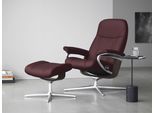 Relaxsessel STRESSLESS "Consul", rot (bordeaux batick), B:82cm H:102cm T:72cm, Leder BATICK: BATICK ist ein leicht korrigiertes, durchgefärbtes und genarbtes Möbelleder, bei dem die meisten Unebenheiten und Spuren in der Regel entfernt wurden., Sessel, Relaxsessel, mit Hocker, mit Cross Base, Größe S, M & L, Holzakzent Wenge
