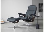 Relaxsessel STRESSLESS "Consul", blau (atlantic blau batick), B:82cm H:102cm T:72cm, Leder BATICK: BATICK ist ein leicht korrigiertes, durchgefärbtes und genarbtes Möbelleder, bei dem die meisten Unebenheiten und Spuren in der Regel entfernt wurden., Sessel, Relaxsessel, mit Hocker, mit Cross Base, Größe S, M & L, Holzakzent Wenge