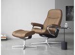Relaxsessel STRESSLESS "Consul", braun (latte batick), B:91cm H:102cm T:79cm, Leder BATICK: BATICK ist ein leicht korrigiertes, durchgefärbtes und genarbtes Möbelleder, bei dem die meisten Unebenheiten und Spuren in der Regel entfernt wurden., Sessel, Relaxsessel, mit Cross Base, Größe S, M & L, Holzakzent Schwarz