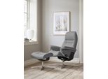 Relaxsessel STRESSLESS "Sunrise", grau (grau batick), B:92cm H:105cm T:80cm, Leder BATICK: BATICK ist ein leicht korrigiertes, durchgefärbtes und genarbtes Möbelleder, bei dem die meisten Unebenheiten und Spuren in der Regel entfernt wurden., Sessel, Relaxsessel, mit Hocker, mit Cross Base, Größe S, M & L, Holzakzent Schwarz