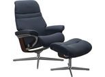 Relaxsessel STRESSLESS "Sunrise", blau (oxford blau paloma), B:79cm H:103cm T:73cm, Leder PALOMA: PALOMA ist ein durchgefärbtes Semianilin-Möbelleder mit natürlicher Narbung., Sessel, Relaxsessel, mit Hocker, mit Cross Base, Größe S, M & L, Holzakzent Braun
