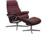 Relaxsessel STRESSLESS "Sunrise", rot (bordeaux batick), B:83cm H:105cm T:74cm, Leder BATICK: BATICK ist ein leicht korrigiertes, durchgefärbtes und genarbtes Möbelleder, bei dem die meisten Unebenheiten und Spuren in der Regel entfernt wurden., Sessel, Relaxsessel, mit Hocker, mit Cross Base, Größe S, M & L, Holzakzent Braun