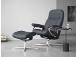 Relaxsessel STRESSLESS "Consul", blau (atlantic blau batick), B:78cm H:97cm T:70cm, Leder BATICK: BATICK ist ein leicht korrigiertes, durchgefärbtes und genarbtes Möbelleder, bei dem die meisten Unebenheiten und Spuren in der Regel entfernt wurden., Sessel, Relaxsessel, mit Hocker, mit Cross Base, Größe S, M & L, Holzakzent Schwarz