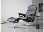 Relaxsessel STRESSLESS "Consul", schwarz (schwarz batick), B:78cm H:97cm T:70cm, Leder BATICK: BATICK ist ein leicht korrigiertes, durchgefärbtes und genarbtes Möbelleder, bei dem die meisten Unebenheiten und Spuren in der Regel entfernt wurden., Sessel, Relaxsessel, mit Hocker, mit Cross Base, Größe S, M & L, Holzakzent Schwarz