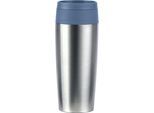 Thermobecher EMSA "Travel Mug Eco", blau (edelstahlfarben, blau), H:20,4cm Ø:8,2cm, Edelstahl, Trinkgefäße, Thermobecher, 0,36 Liter, auslaufsicher, 8h kalt, 4h warm, 360 Trinköffnung