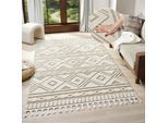 Teppich OTTO HOME "Bonvo" Gr. 2, beige, B:80cm H:19mm L:150cm, Kunstfaser, Teppiche, Teppich, mit Fransen, Hoch-Tief-Struktur, Wohnzimmer, Schlafzimmer, Boho-Style