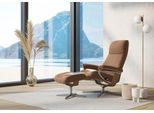 Relaxsessel STRESSLESS "View", braun (latte batick), B:91cm H:110cm T:85cm, Leder BATICK: BATICK ist ein leicht korrigiertes, durchgefärbtes und genarbtes Möbelleder, bei dem die meisten Unebenheiten und Spuren in der Regel entfernt wurden., Sessel, Relaxsessel, mit Hocker, mit Cross Base, Größe S, M & L, Holzakzent Eiche