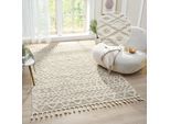 Teppich OTTO HOME "Ribeyret" Gr. 4, beige, B:160cm H:11mm L:230cm, Kunstfaser, Teppiche, Fransenteppich Teppich, mit Fransen, Hoch-Tief-Struktur, Woll-Look, Boho-Style, Wohnzimmer