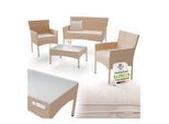 Juskys Polyrattan Gartenmöbel-Set Fort Myers creme mit Tisch, Sofa, 2 Stühle & Auflagen in sand