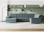 Wohnlandschaft DOMO COLLECTION "FRANZI optional mit Bettfunktion, Bettkasten & Kopfteilverstellung", blau (eisblau), B:352cm H:81cm T:214cm, Flachgewebe (100% Polyester);Chenille (100% Polyester), Sofas, Wohnlandschaft, U-Form, Recamiere links, eisblau, B/T: 352/214 cm
