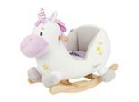 Schaukeltier Einhorn Hörnchen, Lila, Natur, Weiß, Holz, Textil, 60x58x33 cm, Fußstützen, Haltegriffe, gepolsterte Sitzfläche, Gurtsystem, Spielzeug, Babyspielzeug, Schaukeltiere & Hüpftiere