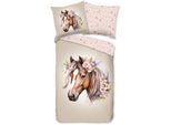 Kinderbettwäsche GOOD MORNING "Avera", beige (sand), B/L: 135cm x 200cm, 1 Stk., 1 Stk., Renforcé, B/L: 80cm x 80cm, 2 Stk., Renforcé, Obermaterial: 100% Baumwolle, Bettwäsche, Baumwolle, 135x200, Reißverschluss, Wendeoptik, Mädchen, Pferd, Sand