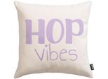 Dekokissen DONE. "HOB VIBES", beige, lavender, schriftzug bedruckt, B:45cm L:45cm, Polyester, Dekokissen_Sitzkissen_Kissenhüllen, Weicher Chenille-Stoff Kuschelige Beflockung