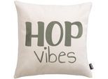 Dekokissen DONE. "HOB VIBES", beige, khaki, schriftzug bedruckt, B:45cm L:45cm, Polyester, Dekokissen_Sitzkissen_Kissenhüllen, Weicher Chenille-Stoff Kuschelige Beflockung