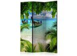 artgeist , Grün, Hellblau , Holz, Textil , Kiefer , massiv , Strand , 135x172x3 cm , Motiv auf Vorder- und Rückseite , Kleinmöbel, Paravents