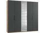 Mid.you , Graphitfarben, Eichefarben , Holzwerkstoff , 6 Fächer , 250x236x58 cm , BQ - Bündnis für Qualität, Made in Germany, DIN EN ISO 9001 , umfangreiches Zubehör erhältlich, in verschiedenen Größen erhältlich, in verschiedenen Holzdekoren erhältlich, Schrankfront mit Spiegel ,