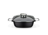 GSW , Schwarz , Metall , 5 l , quadratisch , 28x28 cm , ISO 9001 , mit Dampfablass, backofengeeignet, mit Aromaknopf,hitzebeständige Griffe, backofengeeignet, kratzfest, rostfrei, antihaftbeschichtet, energiesparend, Deckel hitzebeständig, Thermoboden, schadstofffrei gemäß EU-Standards , Kochen & Essen, Töpfe, Bräter