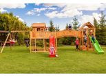 Spielturm FUNGOO "MAXI SET SMILE FARM", rot (rot, grün), Spieltürme, KinderB:575cm H:305cm T:970cm, Holz, Metall, Polyethylen, mit Schaukel & Rutsche, Klettererweiterung, Spielhaus, Sandkasten, B:575cm H:305cm T:970cm
