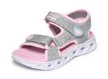 Sandale SKECHERS "HEART LIGHTS SANDALS", Mädchen, Gr. 27, silberfarben, rosa, Lederimitat, Glitzer, Schuhe Sandale, Sommerschuh mit Klettverschluss, Größenschablone zum Download