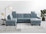 Wohnlandschaft HOME AFFAIRE "Summer U-Form", blau (blau, grau), B:314cm H:91cm T:170cm, 100% Polyester, Sofas, Wohnlandschaft, mit oder ohne Bettfunktion und Bettkasten, wengefarbene Holzfüße