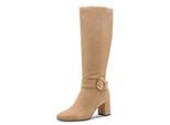 Stiefel MARCO TOZZI, Damen, Gr. 41, Normalschaft, beige, Textil, Veloursleder, unifarben, Schuhe Stiefel, Blockabsatz, Businessstiefel, Langschaftstiefel mit Zierschnalle