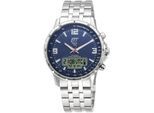 Funk-Multifunktionsuhr ETT "Professional WorldTimer", silber (silberfarben, blau), Armbanduhren, Herren, Armbanduhr, Herrenuhr, Stoppfunktion, Datum, Solar, Edelstahlarmband