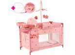 Puppenbett BAYER "Multibett", blumen altrosa, Puppenmöbel, KinderB:32cm H:72cm T:68cm, Kunststoff, Metall, Stoff, Puppenbett, mit integriertem Hochstuhl, Wickelablage und Mobile, B:32cm H:72cm T:68cm