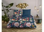 Wendebettwäsche DESCANSO "Fiori", blau, B/L: 200cm x 200cm, 1 Stk., 2 Stk., Satin (Bio-Baumwolle), B/L: 80cm x 80cm & 80cm x 80cm, 3 Stk., Satin (Bio-Baumwolle), Obermaterial: 100% Baumwolle, Bettwäsche, Wendebettwäsche, Baumwolle, Satin, 135x200, Biese, Reißverschluss, Wende, Blumen Sand