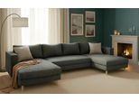 Wohnlandschaft TRENDMANUFAKTUR "Amazing, wahlw. mit Schlaffunktion & Bettkasten, Fuß Buche lackiert", grau (dunkelgrau), B:305cm H:81cm T:161cm, Sofas, Wohnlandschaft, Sofa in U-Form, in Cord oder Struktur, Breite 305 cm