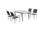 Gardenson , Schwarz, Silberfarben , Metall, Textil , Uni , Tisch ausziehbar, Stühle stapelbar, Tisch mit Glasplatte , Gartenmöbel, Gartenmöbel-Sets, Gartengarnituren