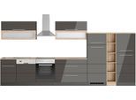 Küchenzeile KOCHSTATION "KS-Wien", grau (küche: grau, front: hochglanz grau, korpus: grafit, arbeitsplatte: eiche sonoma), B:420cm H:200cm T:60cm, Komplettküchen-Sets, Küchenzeile, Breite 420 cm, wahlweise mit E-Geräten