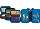 Federmäppchen SCOOLI "Tripledecker, Super Mario", Kinder, bunt (super mario), Polyester, Schreibgeräteetuis Federmäppchen, befüllt, inklusive Geodreieck