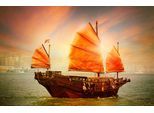 Fototapete PAPERMOON "DSCHUNKE-SEGEL SCHIFF CHINA MEER KÜSTE SONNE HONG KONG", bunt, B:5m L:2,8m, Vlies, Tapeten