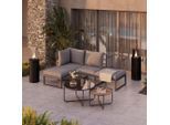 Beldano , Grau, Schwarz, Akaziefarben , Holz, Metall, Glas, Textil , Akazie , massiv , Füllung: Polyester,Polyester , L-Form , 263x135 cm , wetterfest, Tisch mit Glasplatte , Gartenmöbel, Loungemöbel, Loungegarnituren