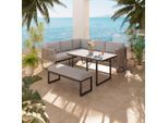 Beldano , Anthrazit, Grau , Metall, Glas, Textil , Füllung: Schaumstoff,Polyester , L-Form , 218.5x196 cm , UV-beständig , Gartenmöbel, Loungemöbel, Loungegarnituren