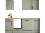 Küche RESPEKTA "Anton", grün (küche: grün, front: schilfgrün, korpus: schilfgrün, arbeitsplatte: wildeiche nachbildung), B:220cm H:211cm T:60cm, Komplettküchen-Sets, Breite 220 cm, 90 cm Arbeitshöhe, wahlweise mit und ohne E-Geräte