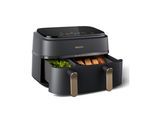 PHILIPS Heißluftfritteuse "Airfryer 3000 Dual Basket NA352/00, zwei Körbe mit 9L (3L+6L)", schwarz, B:44,4cm H:31,5cm T:38,3cm, Fritteusen, RapidAir Technologie und 12 Kochfunktionen; Schwarz, Heißluftfritteuse