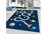 Kinderteppich AYYILDIZ TEPPICHE "PLAY 2910", blau (navy), B:80cm H:6mm L:120cm, Polyamid, Teppiche, Kinderteppich, robuster Kurzflor, Weltall, Zahlen Spiele Hüpf Teppich, Kinderzimmer