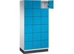 C+P Schließfachschrank Cambio, 3 Abteile, 18 Fächer, mit Sockel, B 900 x T 525 x H 1980 mm, lichtgrau/lichtblau
