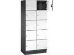 C+P Schließfachschrank Cambio, 2 Abteile, 10 Fächer, mit Sockel, B 800 x T 525 x H 1980 mm, schwarzgrau/weiß