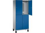 C+P Doppelstöckiger Spind Cambio, 2 Abteile, 4 Fächer, auf Füßen, B 800 x T 525 x H 1980 mm, weißaluminium/enzianblau