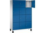C+P Schließfachschrank Cambio, 3 Abteile, 12 Fächer, auf Füßen, B 1200 x T 525 x H 1980 mm, lichtgrau/enzianblau