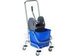 Schäfer Shop Select Reinigungswagen, Eimer 30 l, herausnehmbare Mopp-Presse, Drahtgitterkorb, 4 Lenkrollen, B 400 x T 490 x H 970 mm, Kunststoff, blau