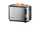 SEVERIN Automatik-Toaster, 850 W, wärmeisolierendes Edelstahlgehäuse, Brotscheibenzentrierung, Brötchen-Röstaufsatz, Defrost-/Aufwärmfunktion, Silber/Schwarz