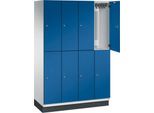 C+P Doppelstöckiger Spind Cambio, 4 Abteile, 8 Fächer, mit Sockel, B 1200 x T 525 x H 1980 mm, lichtgrau/enzianblau