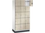 C+P Schließfachschrank Cambio, 3 Abteile, 15 Fächer, mit Sockel, B 900 x T 525 x H 1980 mm, verkehrsweiß/Sen Esche-Dekor