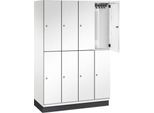 C+P Doppelstöckiger Spind Cambio, 4 Abteile, 8 Fächer, mit Sockel, B 1200 x T 525 x H 1980 mm, verkehrsweiß