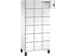 C+P Schließfachschrank Cambio, 3 Abteile, 18 Fächer, auf Füßen, B 900 x T 525 x H 1980 mm, verkehrsweiß/weiß